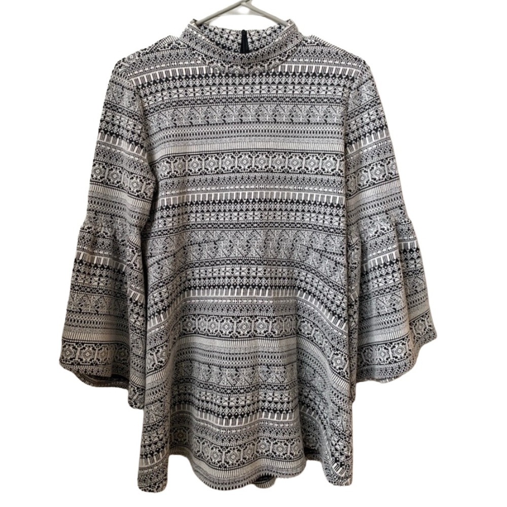 OCTAVIA Women’s Black Ivory Print Mock Neck Bell Sleeve Cotton Blend Tunic Dress